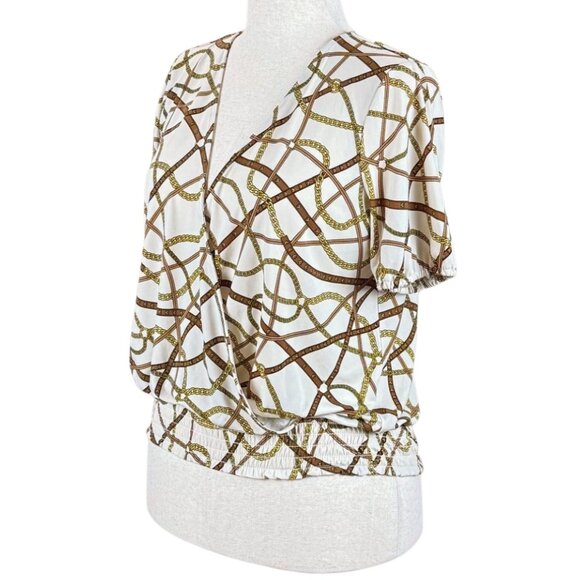 MICHAEL BY MICHAEL KORS BROWN AND WHITE BUBBLE HEM TOP, SIZE M - Picture 2 of 5